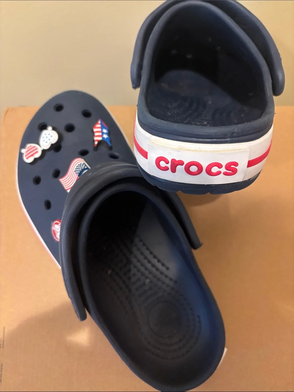 Kids Navy Slip-On Clogs with Patriotic Charms gently used